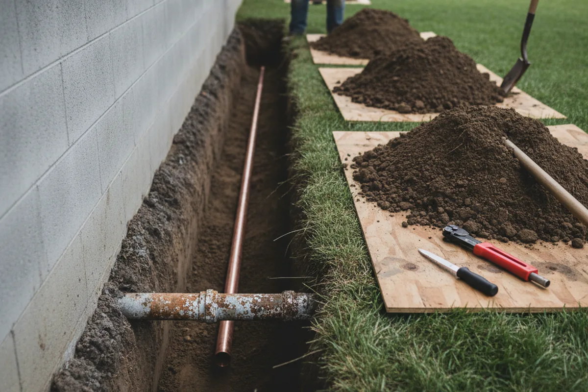 Excavated water line trench during Sewer Line Repair in Eustace